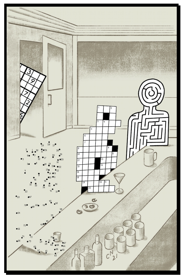 Christoph Niemann cartoon with three puzzles at a bar: a maze, a crossword, and a dot-to-dot, with a sudoku looking in
