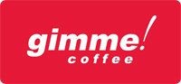 Gimme! Coffee Logo, white text on a red background