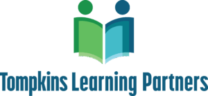 Tompkins Learning Partners logo with a green and blue logo of an open book that resembles two people