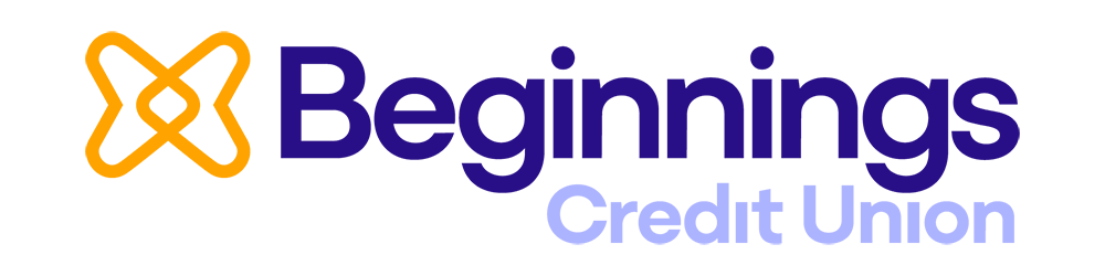 Beginnings Credit Union logo with yellow graphical element and text in blue