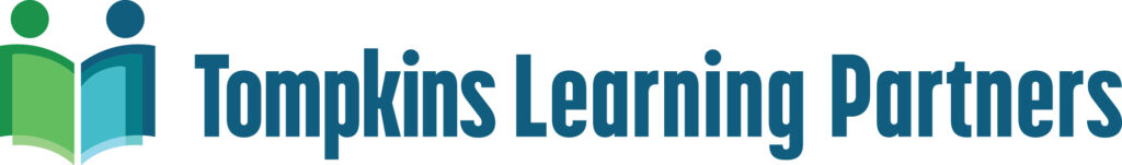 Tompkins Learning Partners logo with the words "Tompkins Learning Partners" to the right of a green and blue graphic of an open book that resembles two people